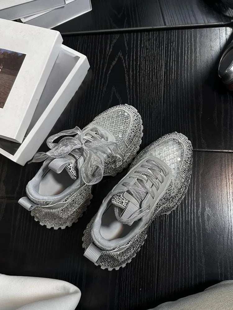 Leisure Sneakers Lace Up Breathable Platform Women Pumps High Heel Round Toe Solid Color Daily Diamonds Bowknot Comfortable