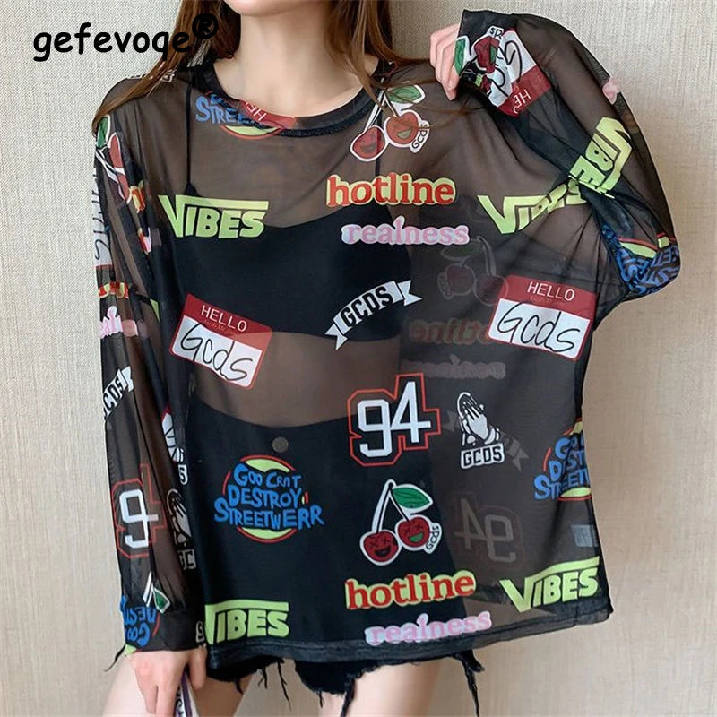 Women Letter Graphic Print Sexy Sheer Mesh Harajuku Y2K T Shirt Summer Trendy Long Sleeve Thin Tees Casual Streetwear Tops Ropa