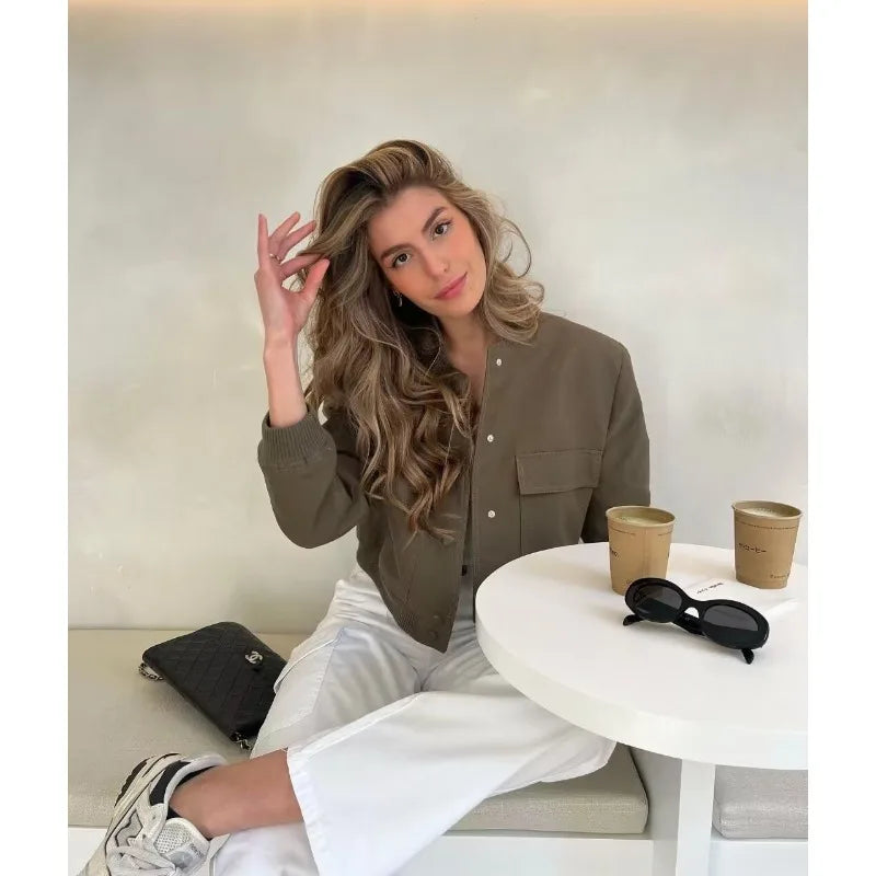 MUJER 2025 Woman Bomber Jacket White Autumn Winter Button Cropped Jackets for Women Fashion Long Sleeve Women Coats Outerwears