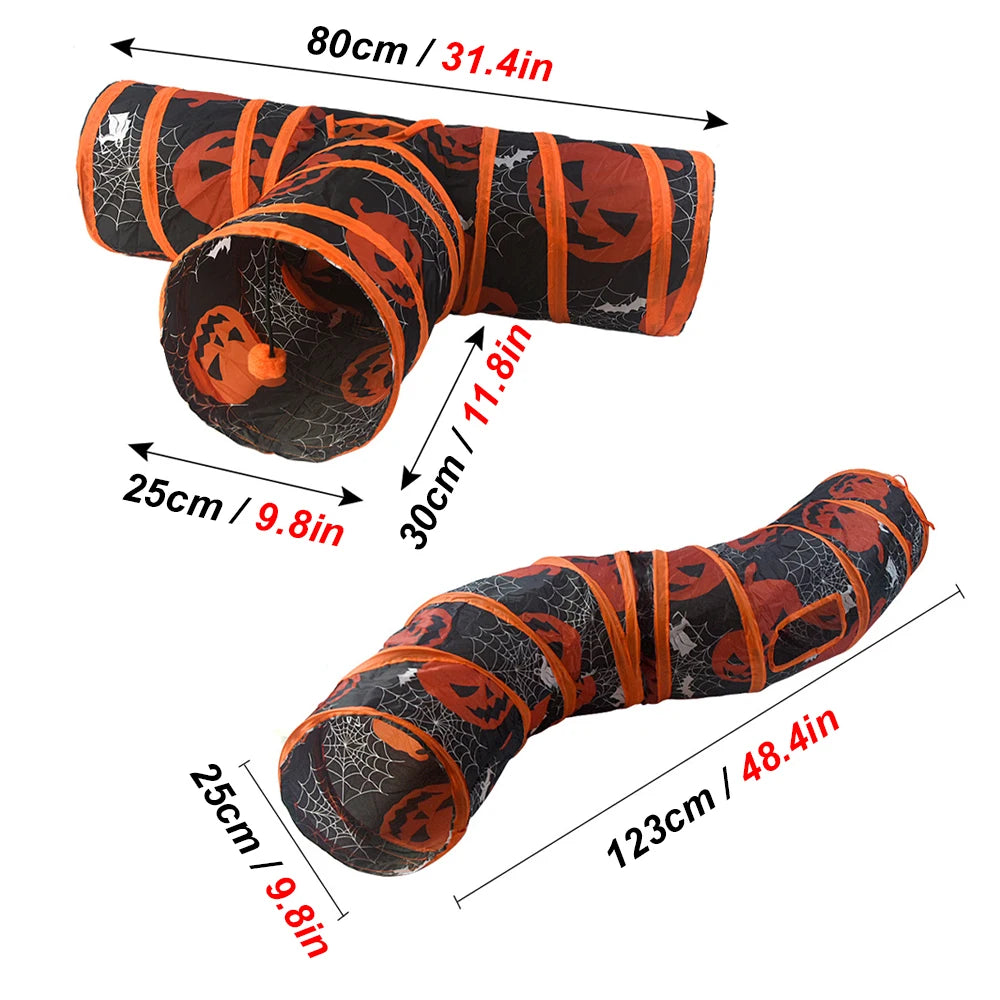 S/T Shape Halloween Print Pet Cat Tunnel Collapsible Hole Indoor Outdoor Tube Kitty Tunnel Cat Toy Space-Saving Cat Training Toy