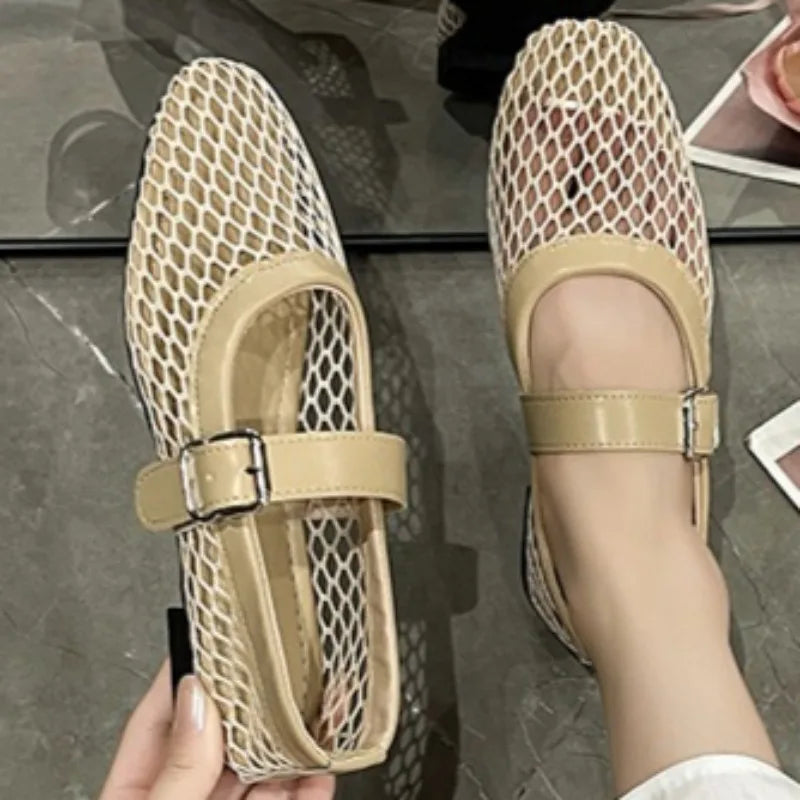Fishnet Ballet Flats Women Fashion Brand Design Hollow Loafers Mary Jane Shoes Breathable Women Summer Sandals Sandalias Mujer
