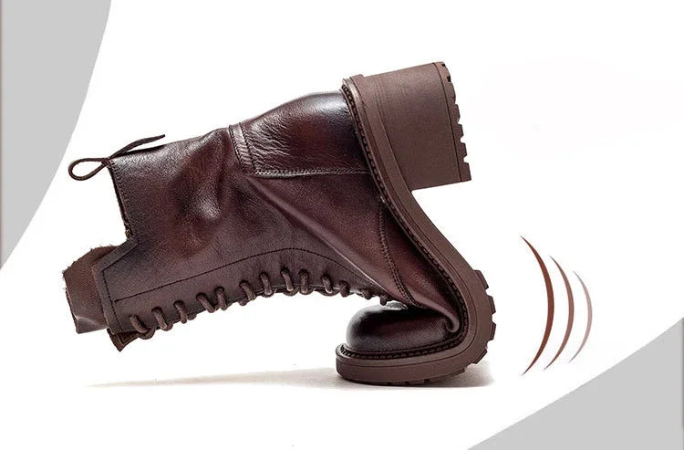 Careaymade 2025 Cow Leather Quality Women Shoes Autumn Winter Square Med Heel Ankle Boots Lace Up Zipper Ladies Pumps Size 35-40