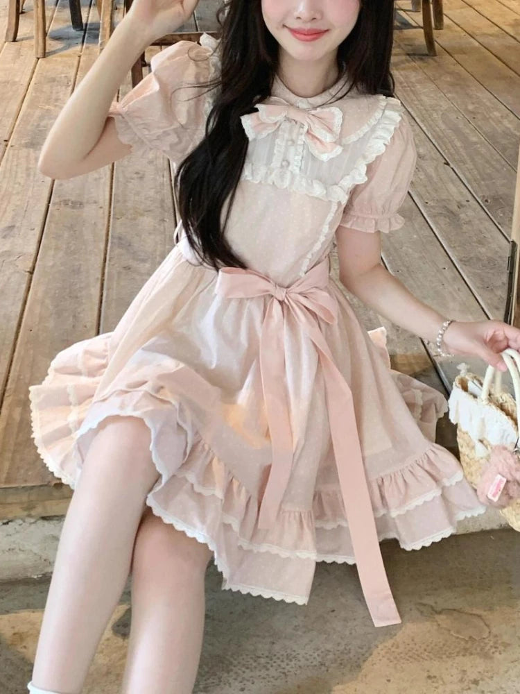 Summer Sweet Pink Puff Sleeve Bow Dress Women's Design Casual New Patchwork Dresses Elegant New Fashion A-line Short Dresses