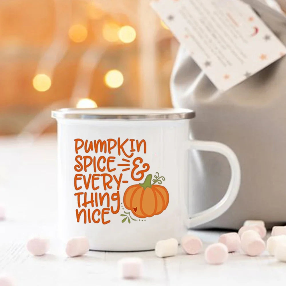 Pumpkin Spice and Everything Nice Enamel Mug Halloween Camping Mug Autumn Home Decor Fall Coffee Mug Festive Gifts for Kids