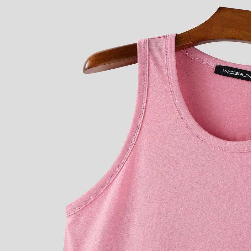 INCERUN Men Tank Tops Solid Color O-neck Sleeveless Casual Male Vests Summer Streetwear 2025 Fashion Skinny Leisure Men Clothing