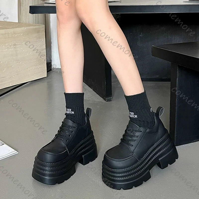 Thick Bottom Fashion Women Pumps Spring Autumn New Height Increase Black Lace Loafers Female High Heels Shoes