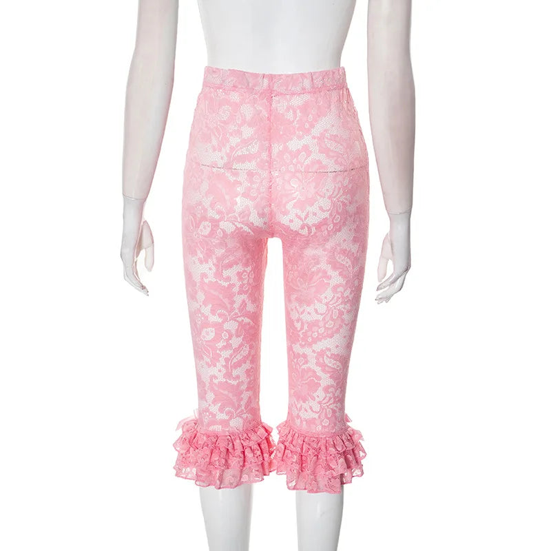 CM.YAYA Women Fashion Sexy Party Clubwear Lace Floral See Though Cascading Ruffles Hem Flare Lace Up Pants Capris 2025 Trousers