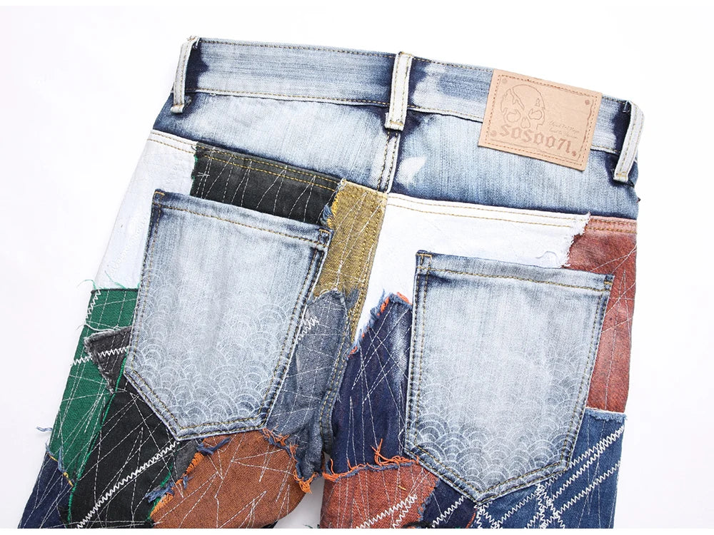 Men Patchwork Denim Jeans Release Hem Colorful Patches Embroidery Pants Non Stretch Cotton Slim Straight Trousers
