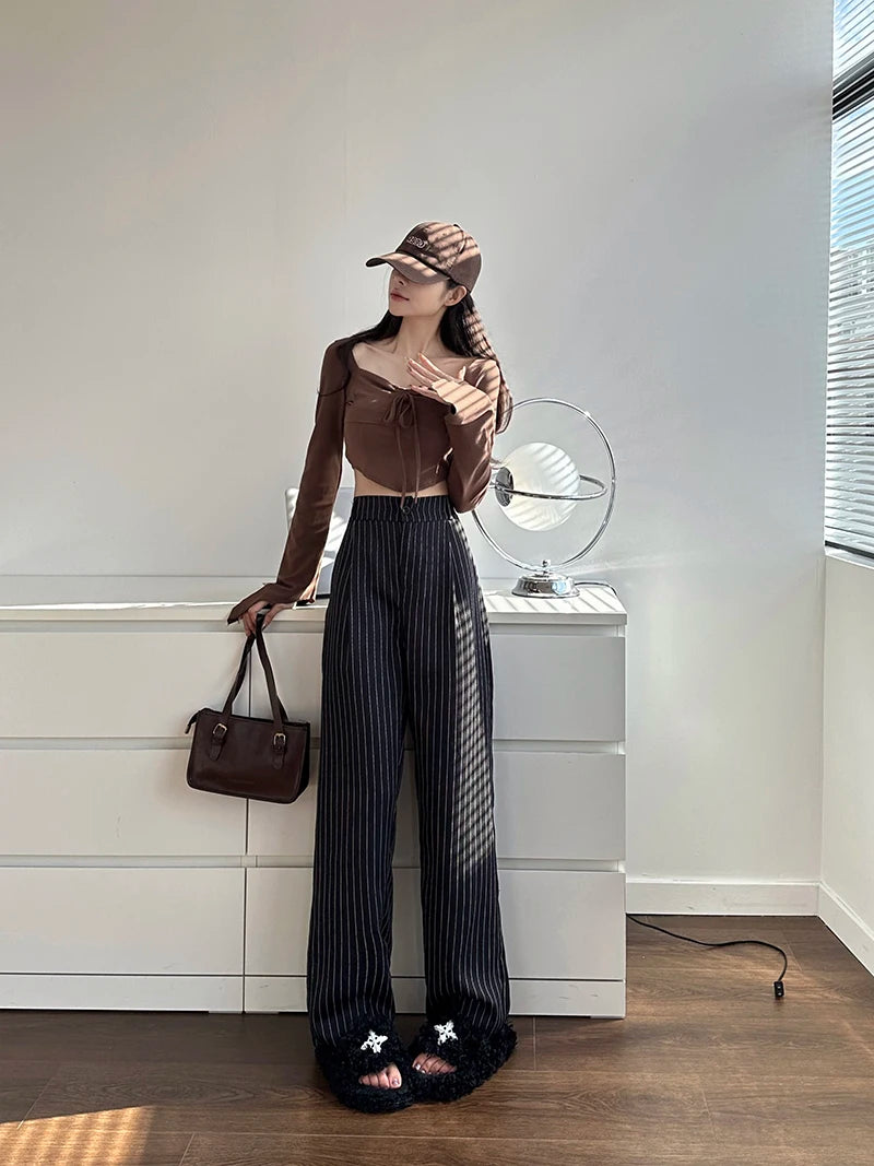 Slimming High Waist Trousers Women's Loose Striped Wide Leg Pants Korean Sle Commute Faion plus Size Long Trousers
