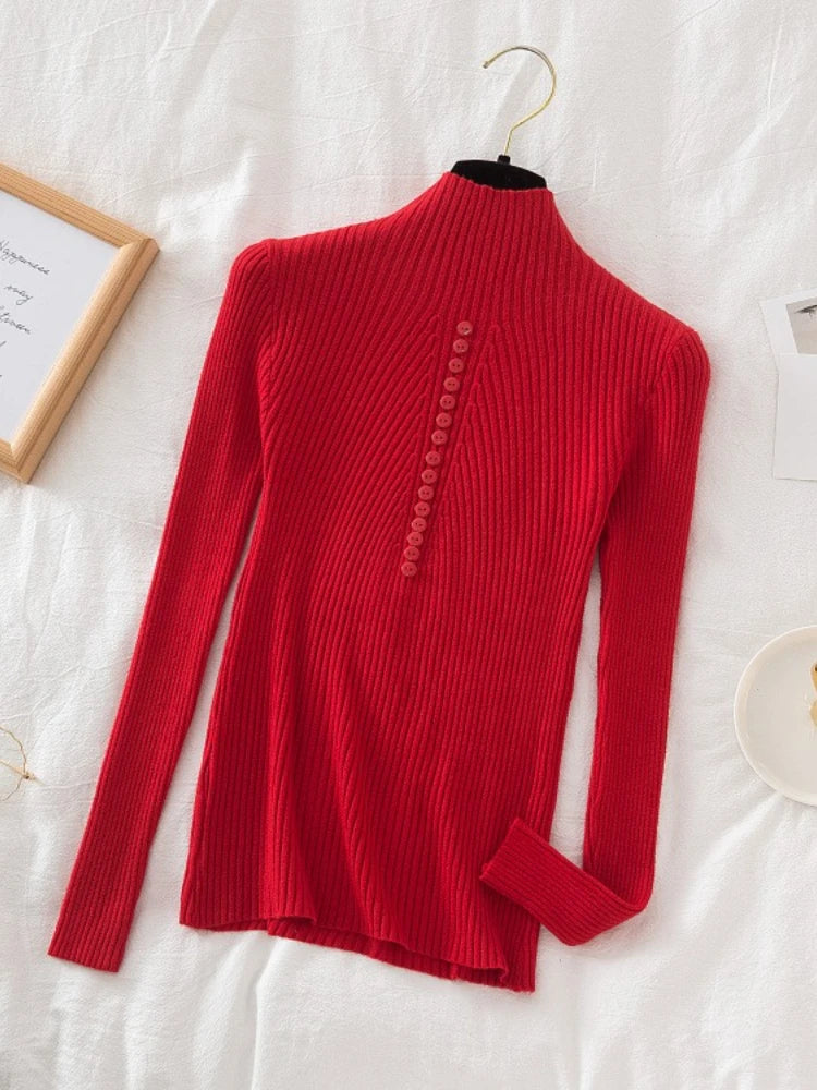 Women Turtleneck Pullovers Autumn Winter Jumper Knitted Basic Top Fashion Solid Color with Button Long Sleeve Ladies Sweater