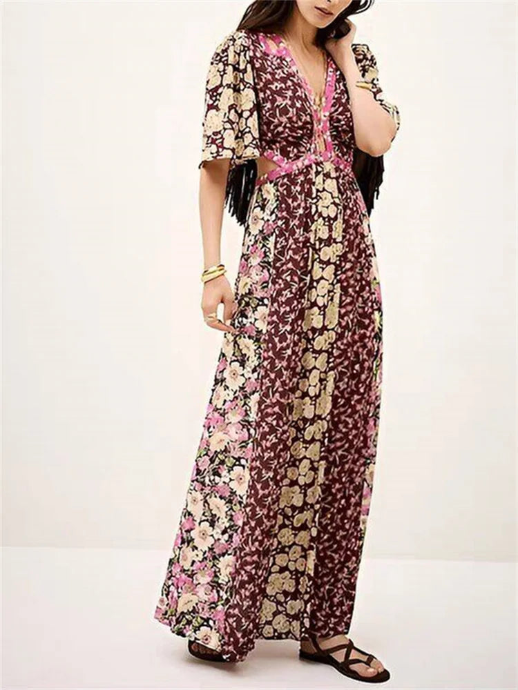 Waist Hollow out Women's Long Dress Deep V Short Sleeve 2025 Summer Lady Floral Printed Robe