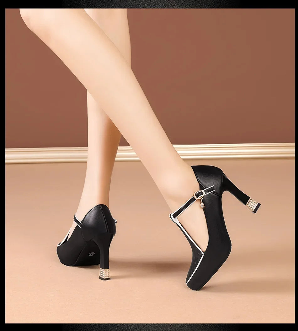 2024 Spring Vintage Fashion Women's Pointed Toe Shallow Sole One-Piece Buckle Mary Sandals High Heels Polyurethane Leather