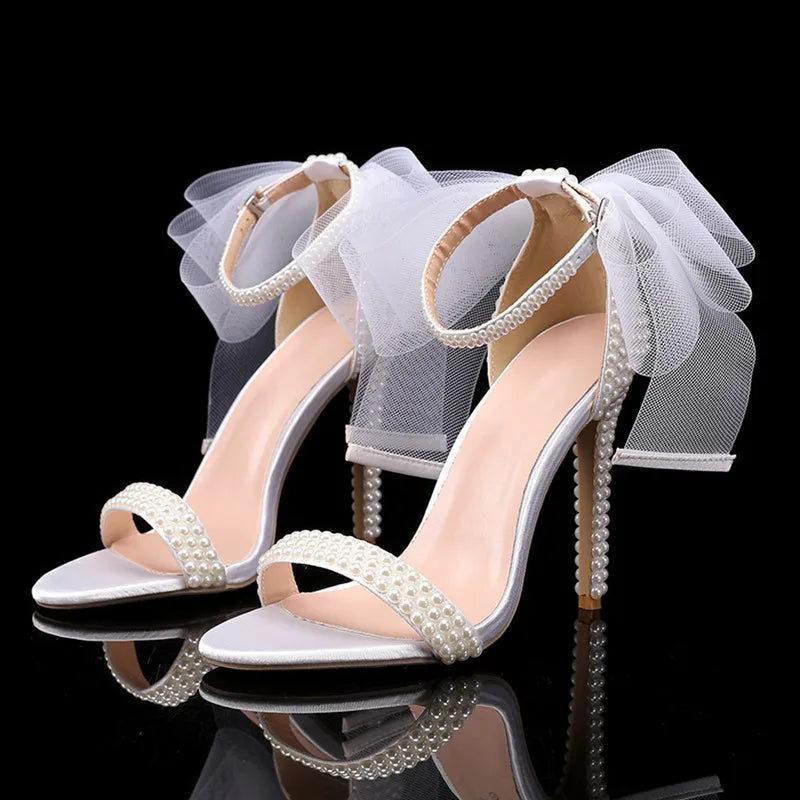 Summer New brand Fashion Bowknot Beading Women Gladiator Sandals Luxury Pearls White thin High heels Wedding Bridal Party Shoes