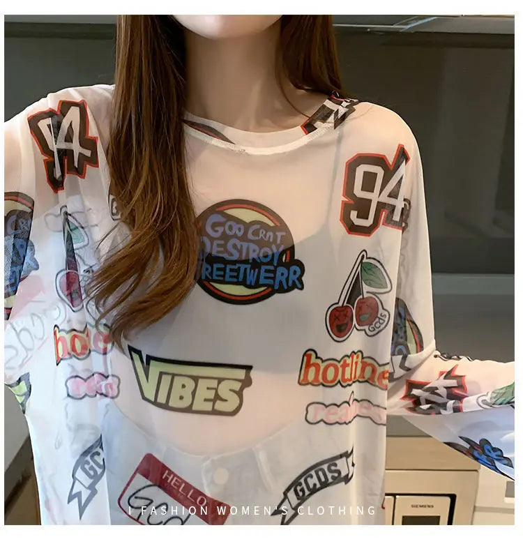 Women Letter Graphic Print Sexy Sheer Mesh Harajuku Y2K T Shirt Summer Trendy Long Sleeve Thin Tees Casual Streetwear Tops Ropa