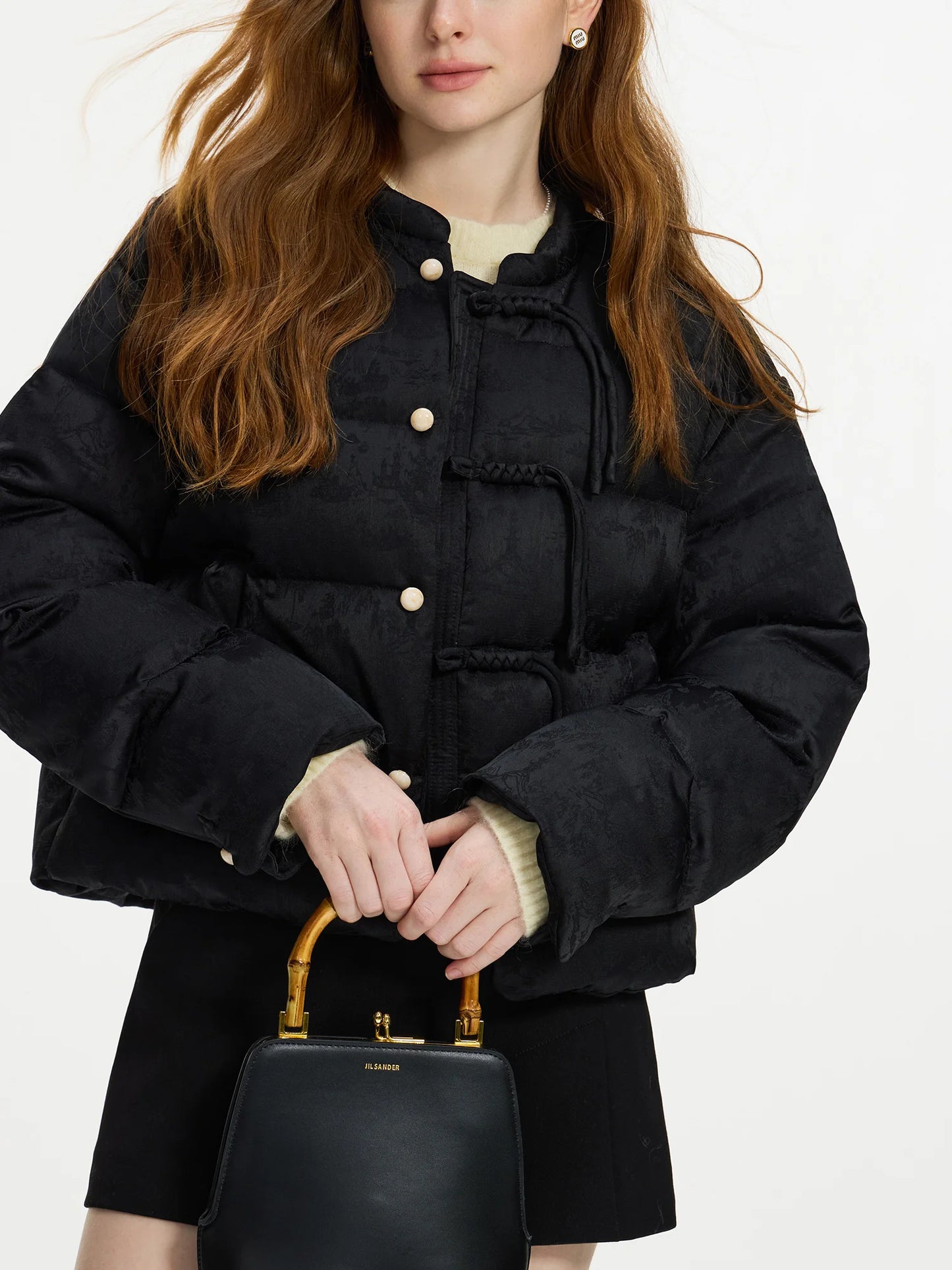 FSLE 115.2G Filling Amount Stand-up Collar New Chinese Style Down Coat For Women 2024 New Jacquard Warm Casual Jacket 24FS14068