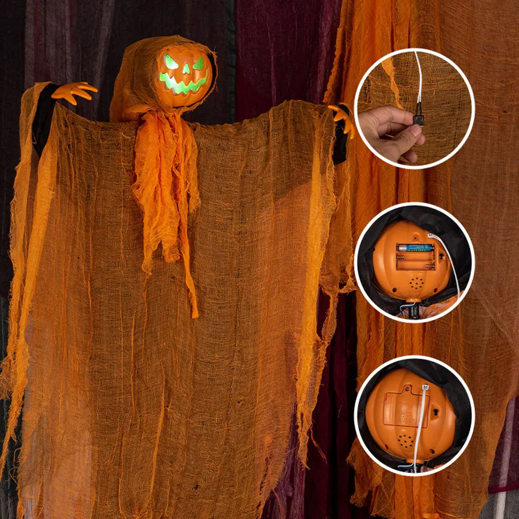 1PC Halloween Pumpkin Party Decoration Hanging Head Green Light Rotating Pumpkin Glowing Sound Hanging Prop Courtyard