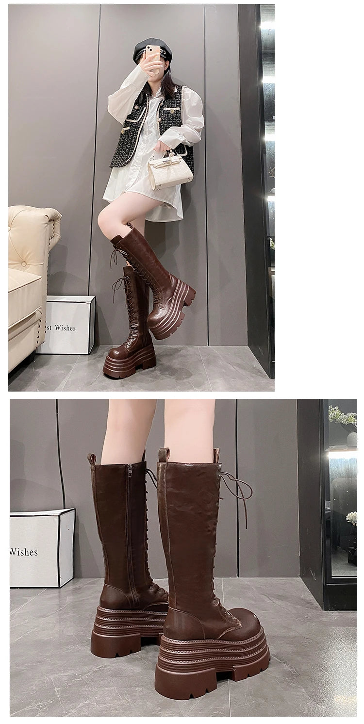 New Women's Roman Long Boots Autumn Winter Knee-high Leather Punk Shoes Chunky Platform Casual Knight Boots Botas Mujer 10CM