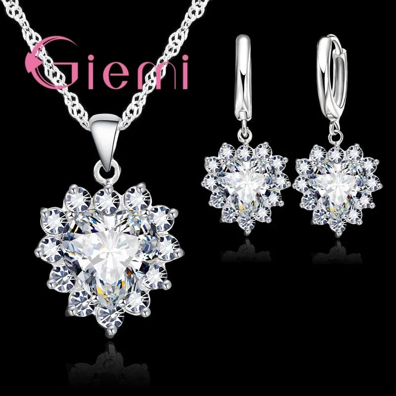 Love Heart Crystal Pendant Silver Color Party Jewelry Sets Necklace Earrings For Women Valentine Gifts