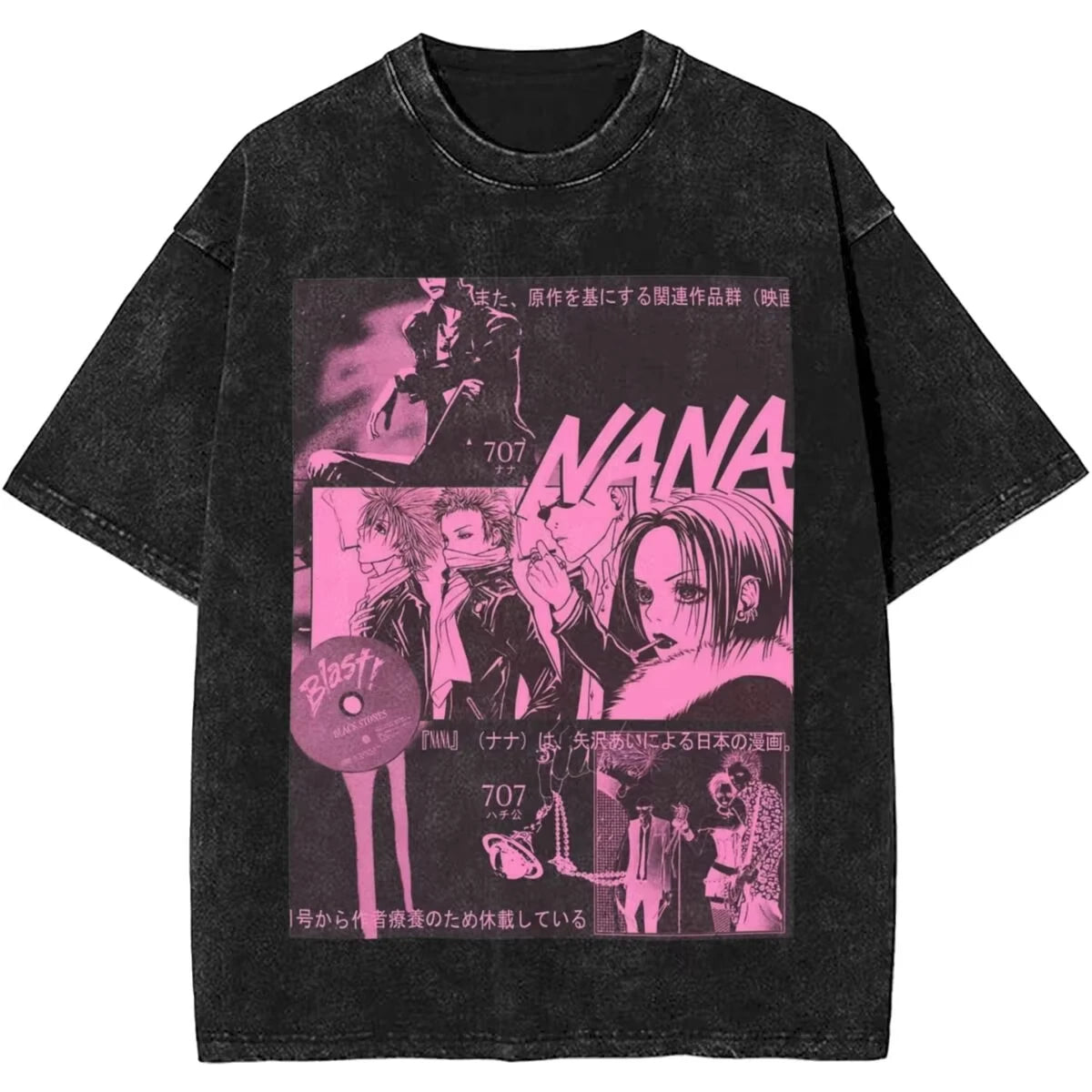 Men's Women Manga Black Stones Nana Vintage Washed T Shirts Trendy Tee Couple Summer Aesthetic Casual Clothing Hip Hop Oversized