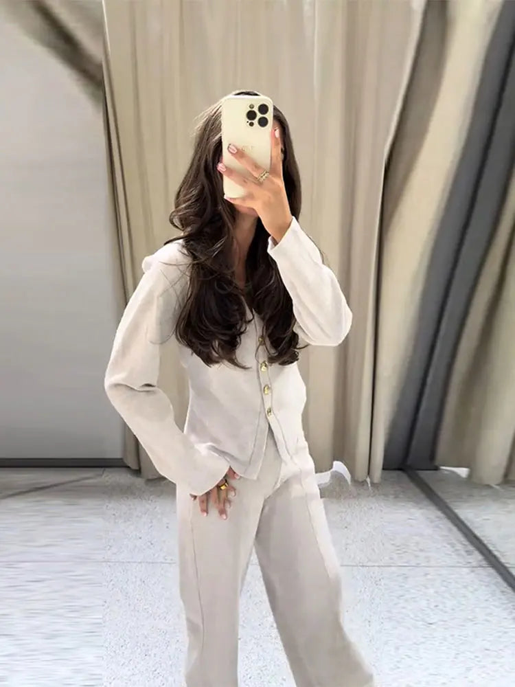 Casual Knitted Pant Suit Women Solid V-neck Full Sleeve Button Jacket Wide Trouser 2025 Autumn Fashion 2 Pieces Set Lady Outfits