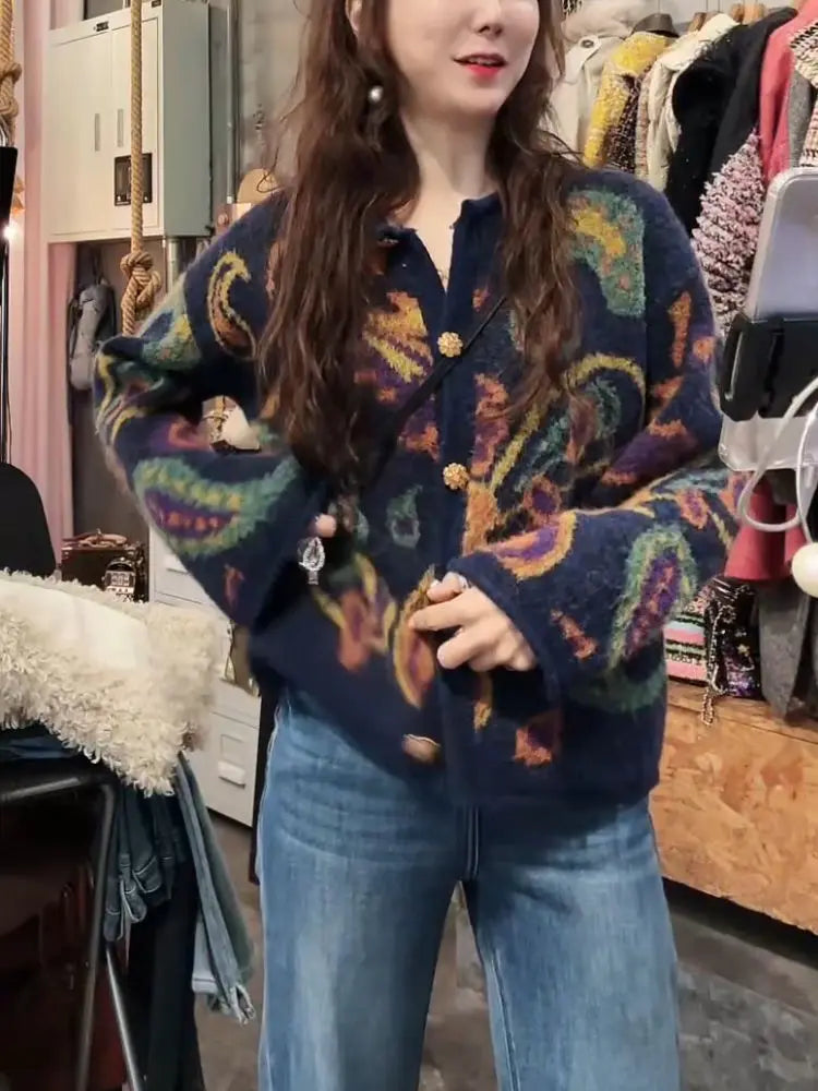 Ezgaga Knitted Cardigan Women Vintage Flowers Autumn Winter O Neck Loose Fashion Elegant Sweater Outwear Female Casual Tops