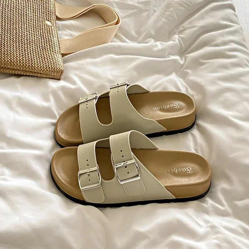 Women's Belted Sandals Roman Style PVC Material Open Toe Metal Decorated Flat Heels Spring Summer Outdoor Wear Fashionable Versa