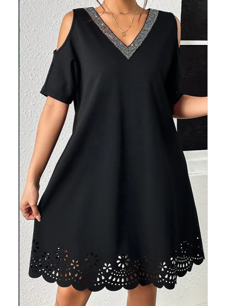 Women Plus Size Elegant Mini Dress Short Sleeve Sequined V Neck Hollow Out Straight Soft Casual Summer Loose Dresses for Women