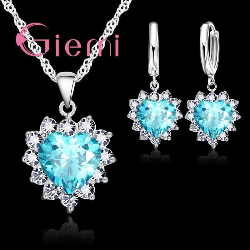 Love Heart Crystal Pendant Silver Color Party Jewelry Sets Necklace Earrings For Women Valentine Gifts