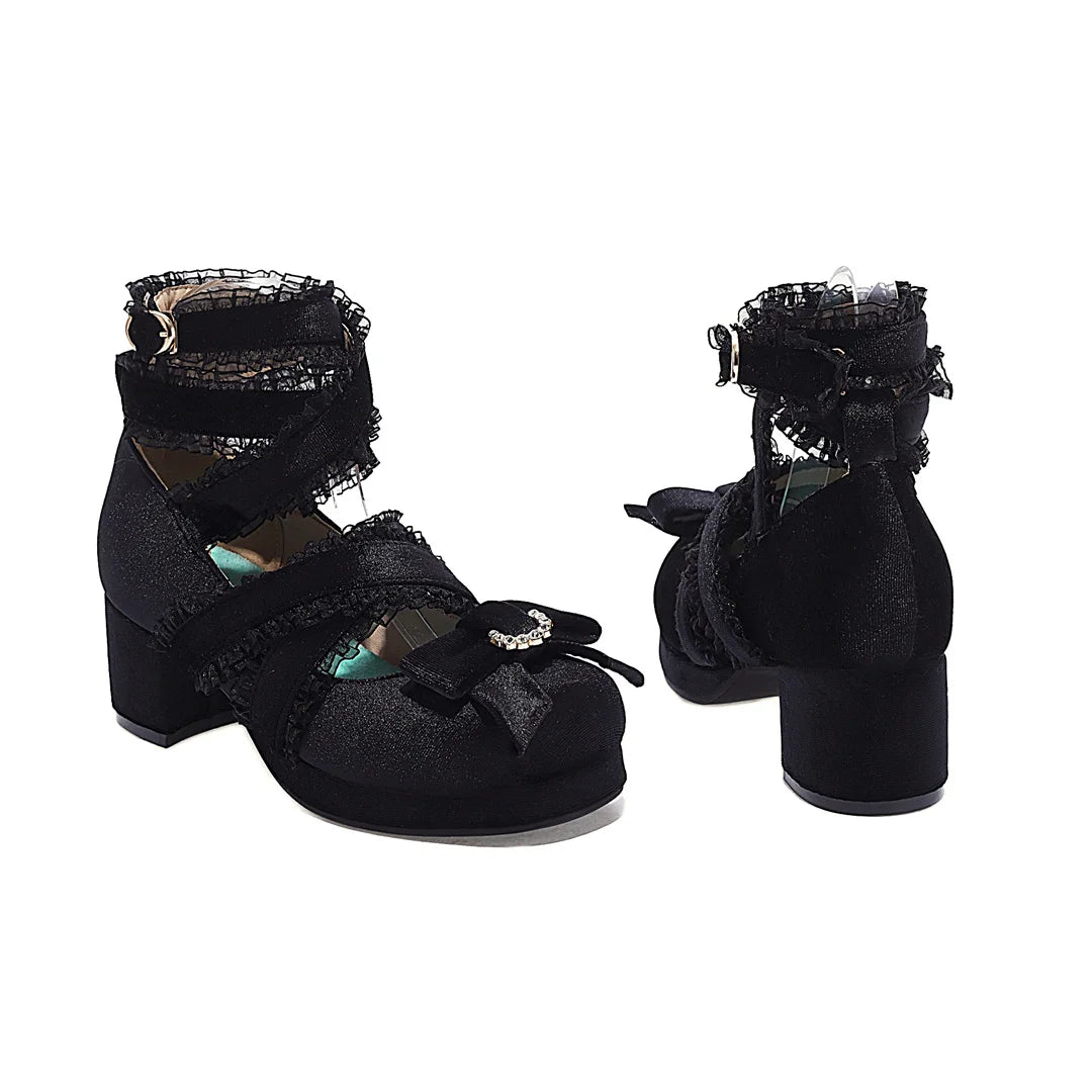 JK Fairy Lolita Shoes Flock Gold Velvet Bow Platform Mary Jane Cross Strap Pumps Gladiator Cosplay Party Red Green Black