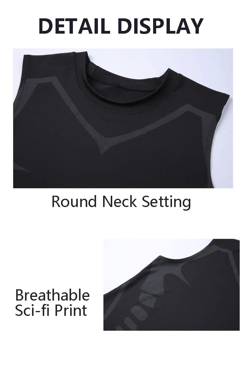 Men's sci-fi printed black vest, fashionable and casual men's quick drying T-shirt, sports and fitness round neck elastic vest