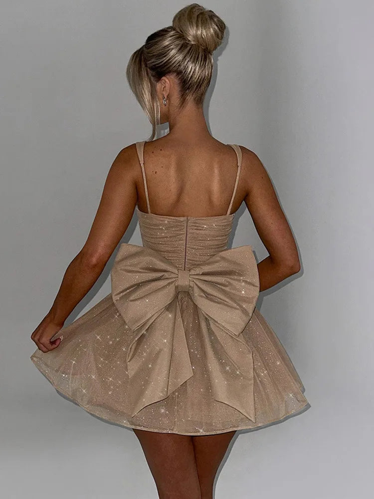 Articat Sexy Mesh Spaghetti Strap Double-layer Short For Women Elegant Sleeveless Backless Tight Shiny Bow Evening Dress 2025