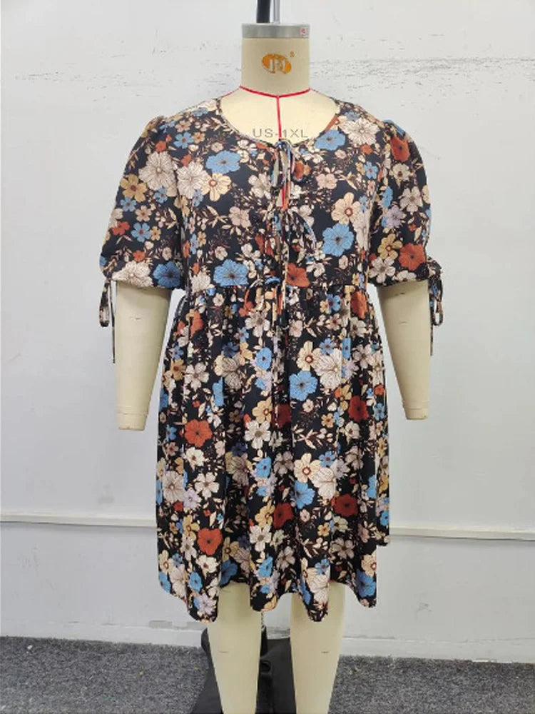 GIBSIE Plus Size Floral Print O-Neck Lace Up Short Dress Women Summer Puff Sleeve Casual Holiday Boho Loose Dresses 2025 Summer
