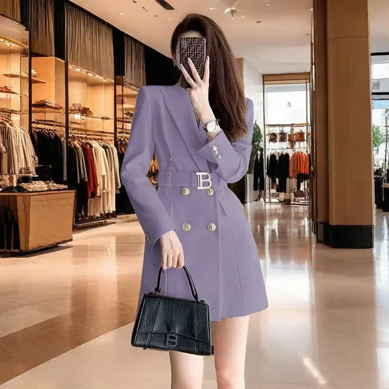 2025 New Spring Autumn Chic Casual Outwear Jacket Outwear Women's Belt Medium Long Double Row Long Sleeve Professional Suit Tops