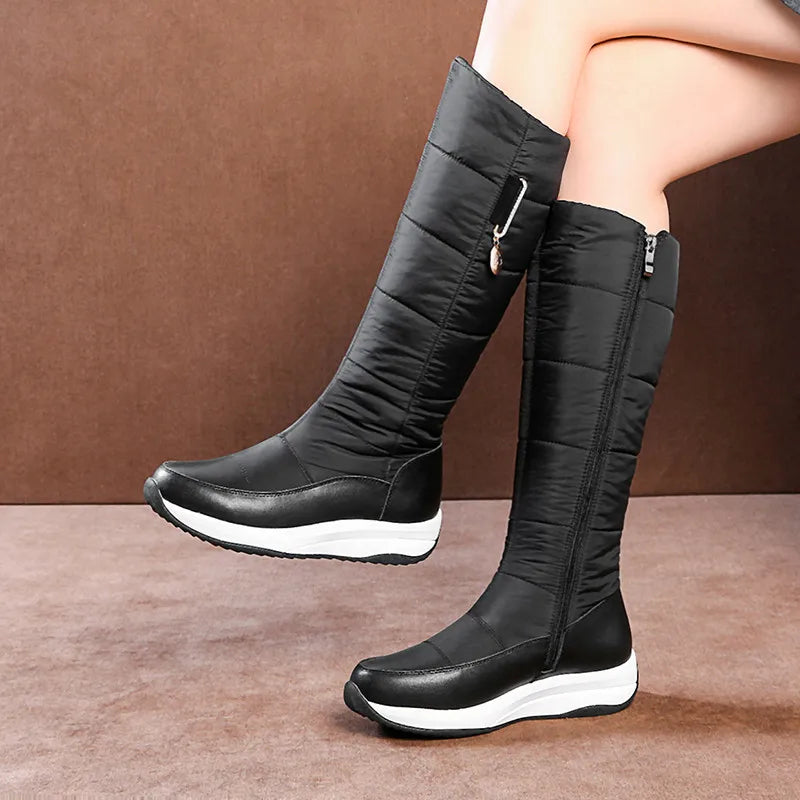 2025 Women Snow Boots Waterproof Down Plush Genuine Leather Red White Casual Travel Ladies Flat Heels Platform Knee High Boots