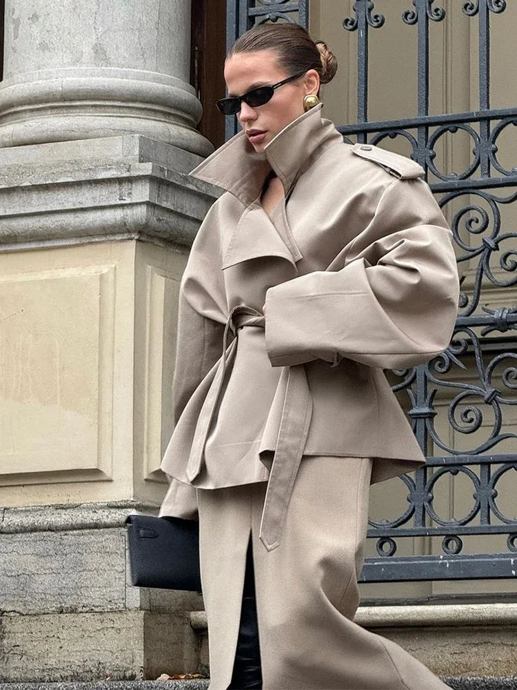 Solid Lapel Lace Up Trench Coat For Women Fashion Long Sleeves Wide Shoulder Short Loose Coat 2025 New Autumn Commute Outwear