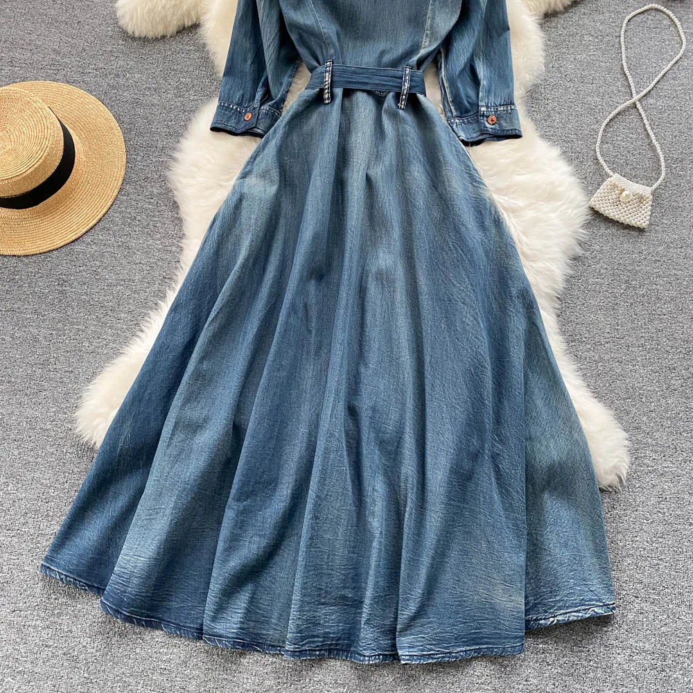 AYUALIN Denim Long Dress for Women Ethnic Floral Embroidery Boho A-line Casual Summer Vestidos Lapel Long Sleeve Dresses Lady