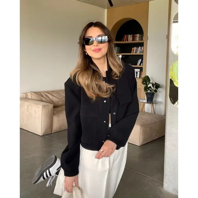 MUJER 2025 Woman Bomber Jacket White Autumn Winter Button Cropped Jackets for Women Fashion Long Sleeve Women Coats Outerwears