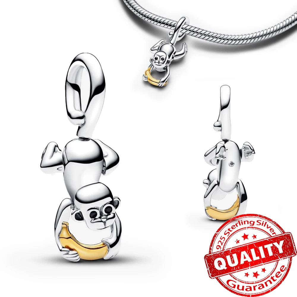 Sparkling Gold Monstera Leaf Charm Fit Original Bracelet 925 Sterling Silver Shark Tooth Mini Charm for Girls Party Jewelry