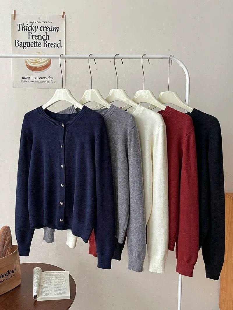 Autumn Winter 2025 New Women's Retro Love Small Gold Buckle Cardigan Female Casual Solid Long Sleeve Slim Knitted Sweater
