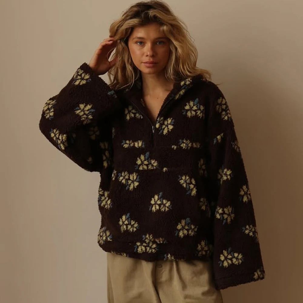 Talenza Fashion Print Pullover Contrast Oversized Zipper Knit Long-Sleeve Top Casual Warm Office Wear Vintage Women Sweatshirts