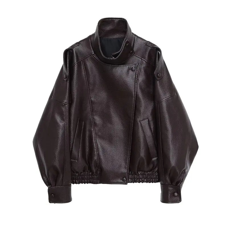 Loose Design Women's Leather Jaet Lychee Pattern ort Outerwear Autumn New Sle European Sle Ladies Faion 2025