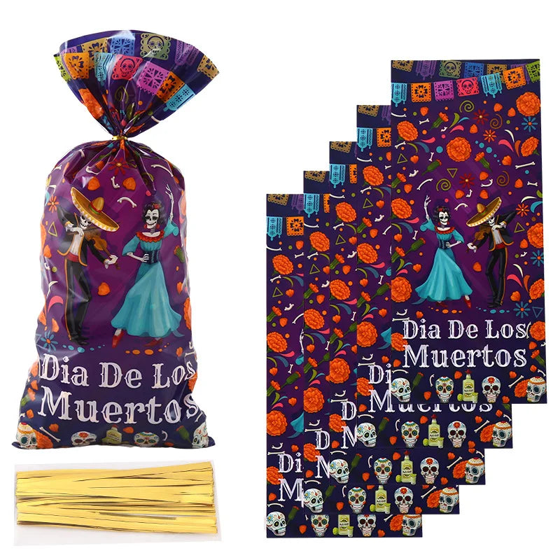 50Pcs Mexican Day of The Dead Theme Candy Cookie Bags Skull Opp Gift Packing Bags for Birthday Halloween Party Decoration