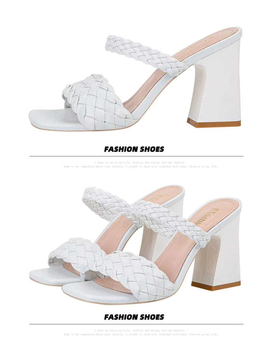Fashion Weave Thick Heel Women's Slippers Square Toe Summer Casual Ladies Slides Red Orange Shoes Slip On Beach Sexy Pumps Woman