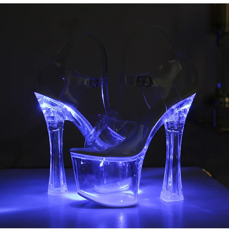 17.5CM Extreme High Heels Glowing Platform Clear Heels Nightclub Sandals For Women Transparent PVC Fashion Model Catwalk Shoes