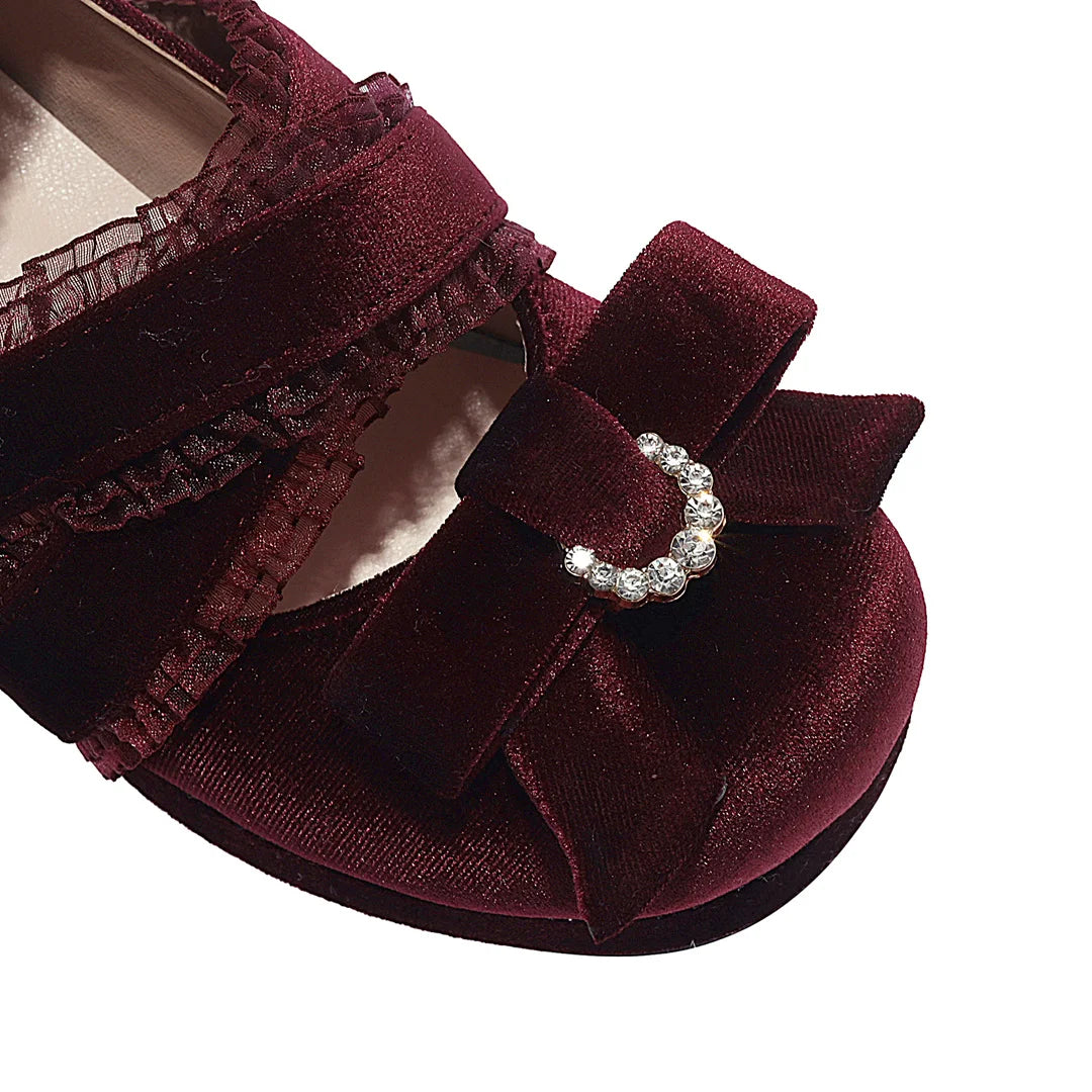 JK Fairy Lolita Shoes Flock Gold Velvet Bow Platform Mary Jane Cross Strap Pumps Gladiator Cosplay Party Red Green Black
