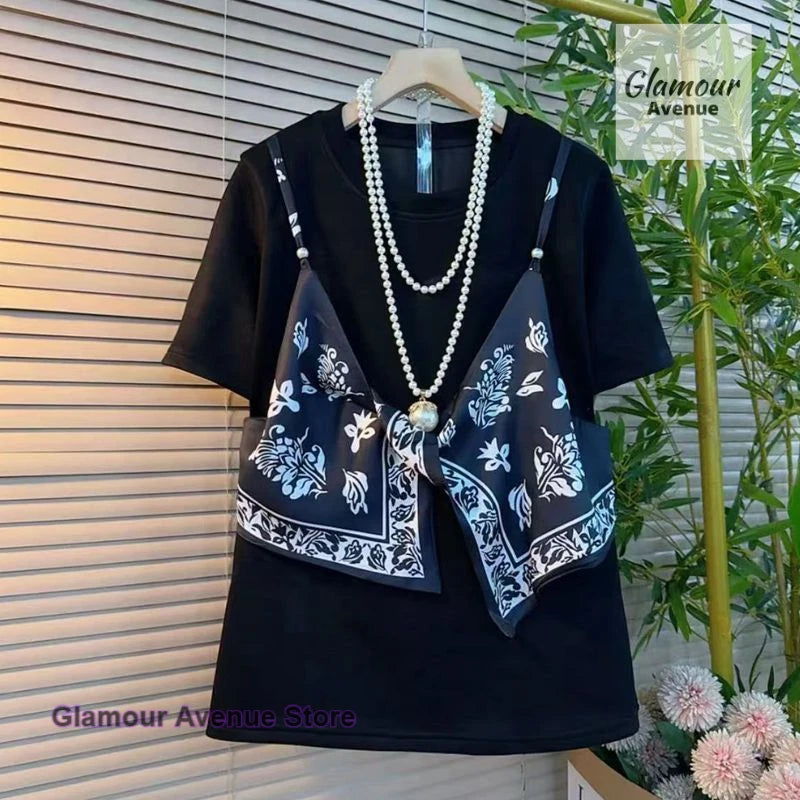 French fashion design chic printed silk scarf sling fake two-piece T-shirt women's summer new loose casual Joker slim top