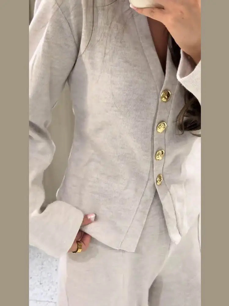 Casual Knitted Pant Suit Women Solid V-neck Full Sleeve Button Jacket Wide Trouser 2025 Autumn Fashion 2 Pieces Set Lady Outfits