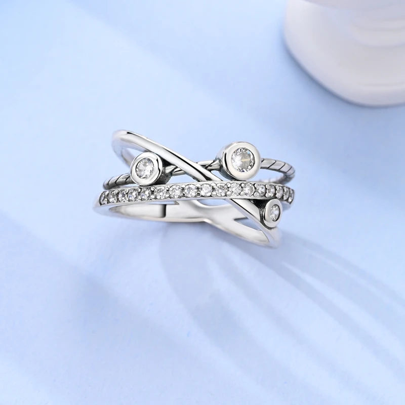 Rings 925 Silver Interwoven Line Rings Zircon Geometric Winding Rings Romantic Engagement Wedding Valentine Fine Jewelry Gift