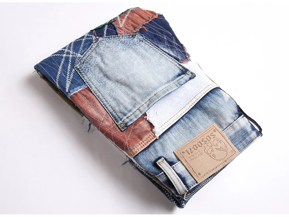 Men Patchwork Denim Jeans Release Hem Colorful Patches Embroidery Pants Non Stretch Cotton Slim Straight Trousers