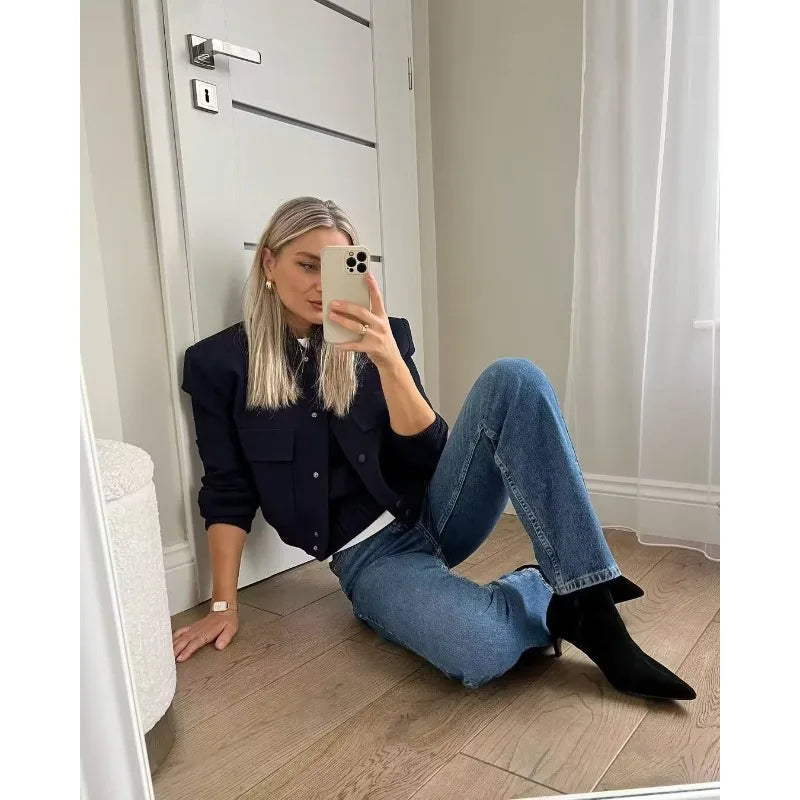 MUJER 2025 Woman Bomber Jacket White Autumn Winter Button Cropped Jackets for Women Fashion Long Sleeve Women Coats Outerwears